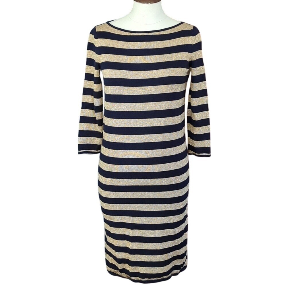 Lauren Ralph Lauren Navy Gold Metallic Stripe Sweater Dress XS Sheath 3/4 Sleeve